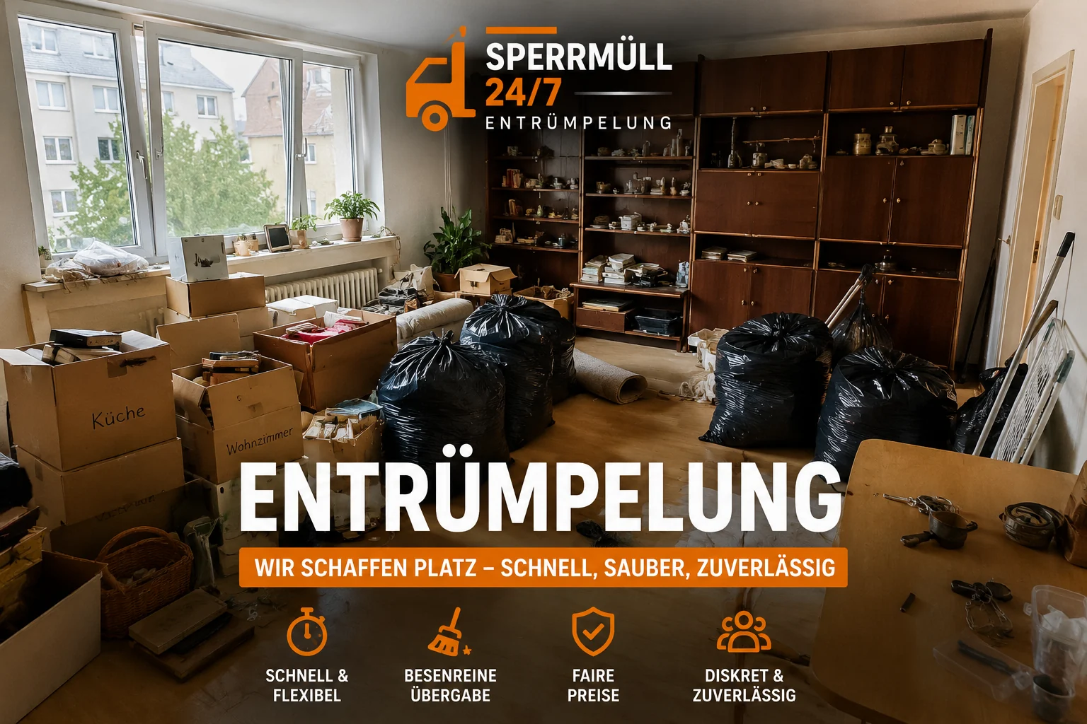 Entrümpelung in Wohnung mit Kartons und Säcken
